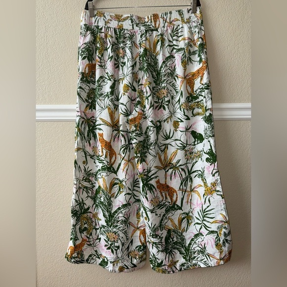 100% Linen Tropical Jungle Wide Leg Pull On Elastic Waist Cropped White Pants XL - Picture 4 of 12